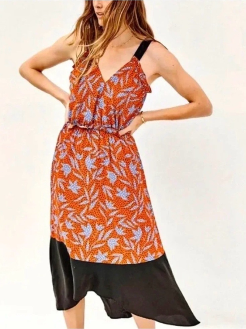 Amour Vert Rust Floral High-Low Silk Print Dress with Black Hem L